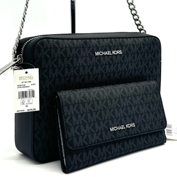 Michael Kors Large Jet Set Item EW Crossbody Bag & Large Trifold Wallet Black - Picture 1 of 11